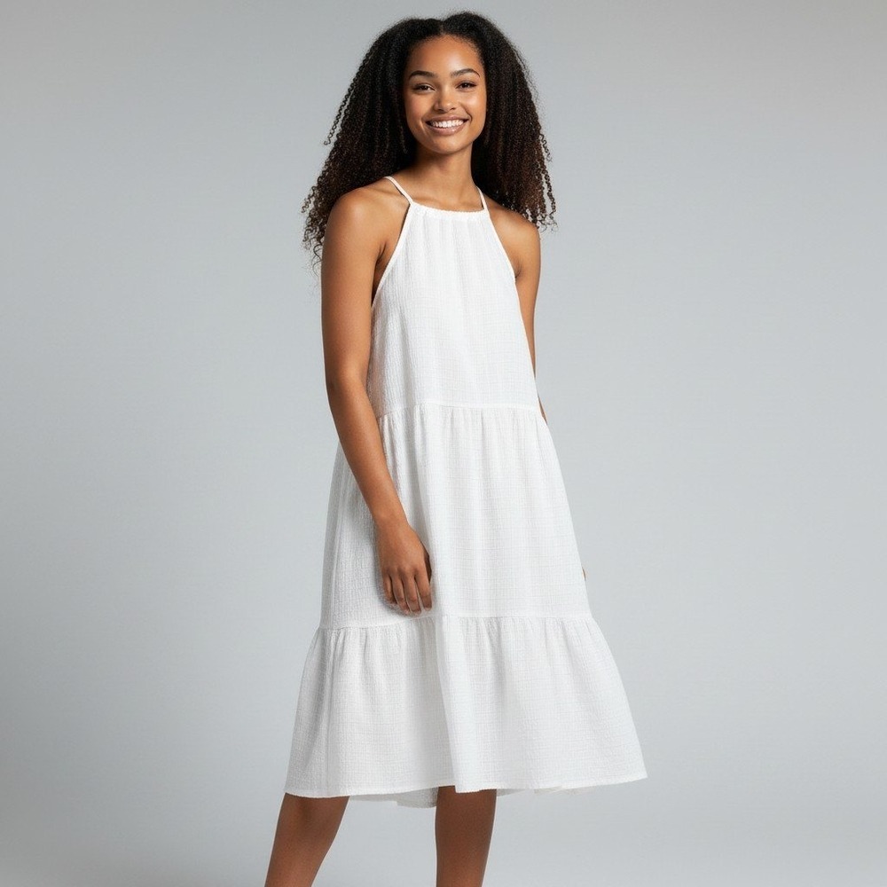 A New Day Womens White Halter Tiered Dress Textured Gauze XL Sorority Graduation